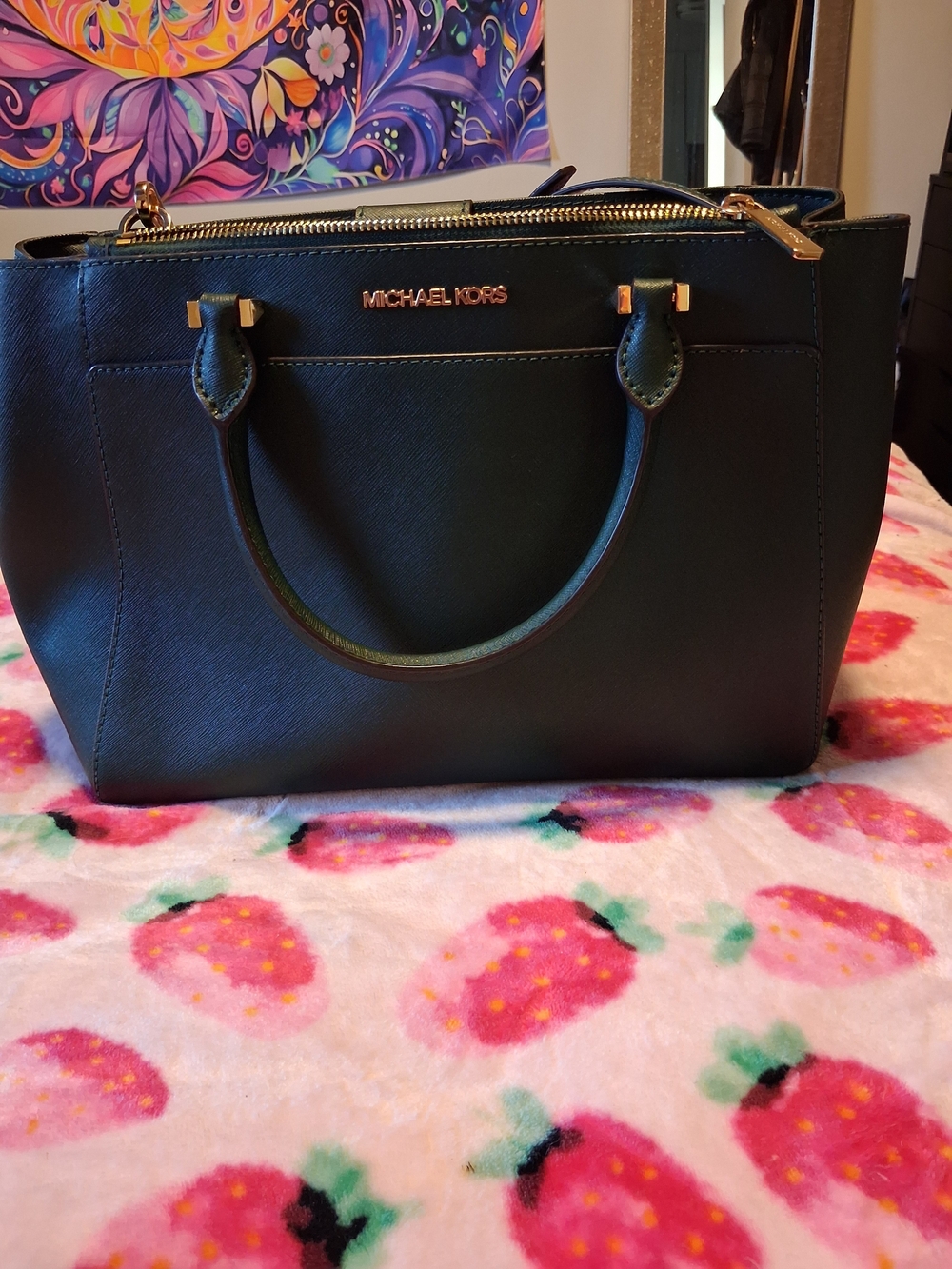 Michael Kors Deep Green Saffiano Satchel with Gold Hardware